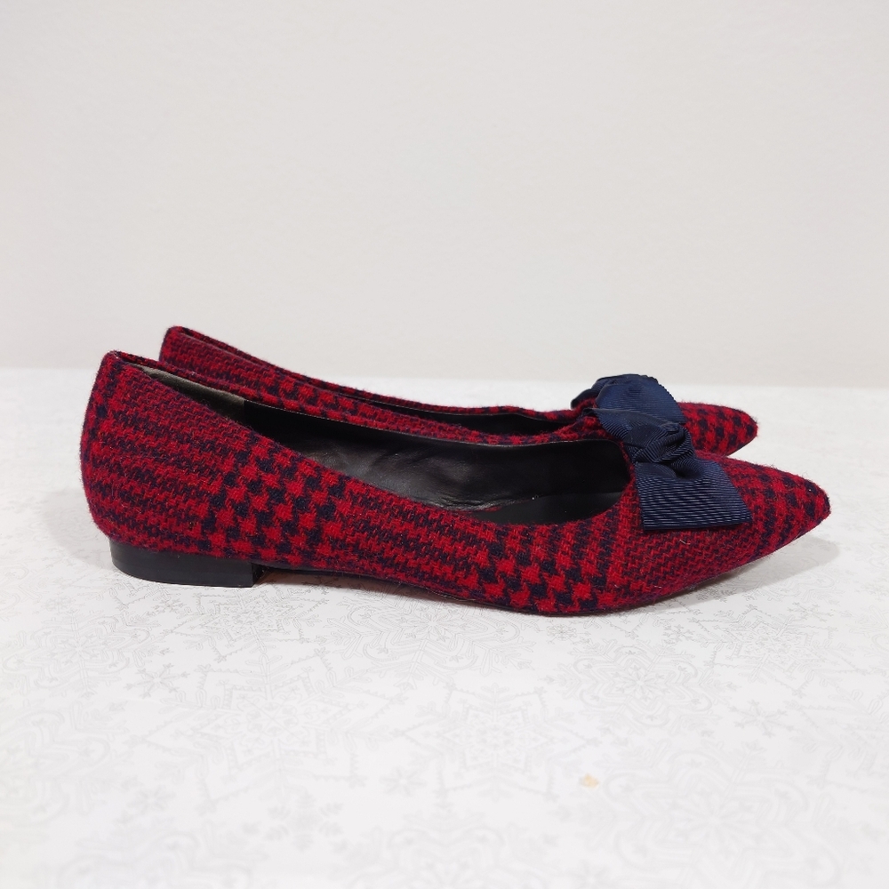 Brooks Brothers Red Fleece Houndstooth Flats 8.5 Red Navy Tweed Bow Pointed Toe - Picture 4 of 7
